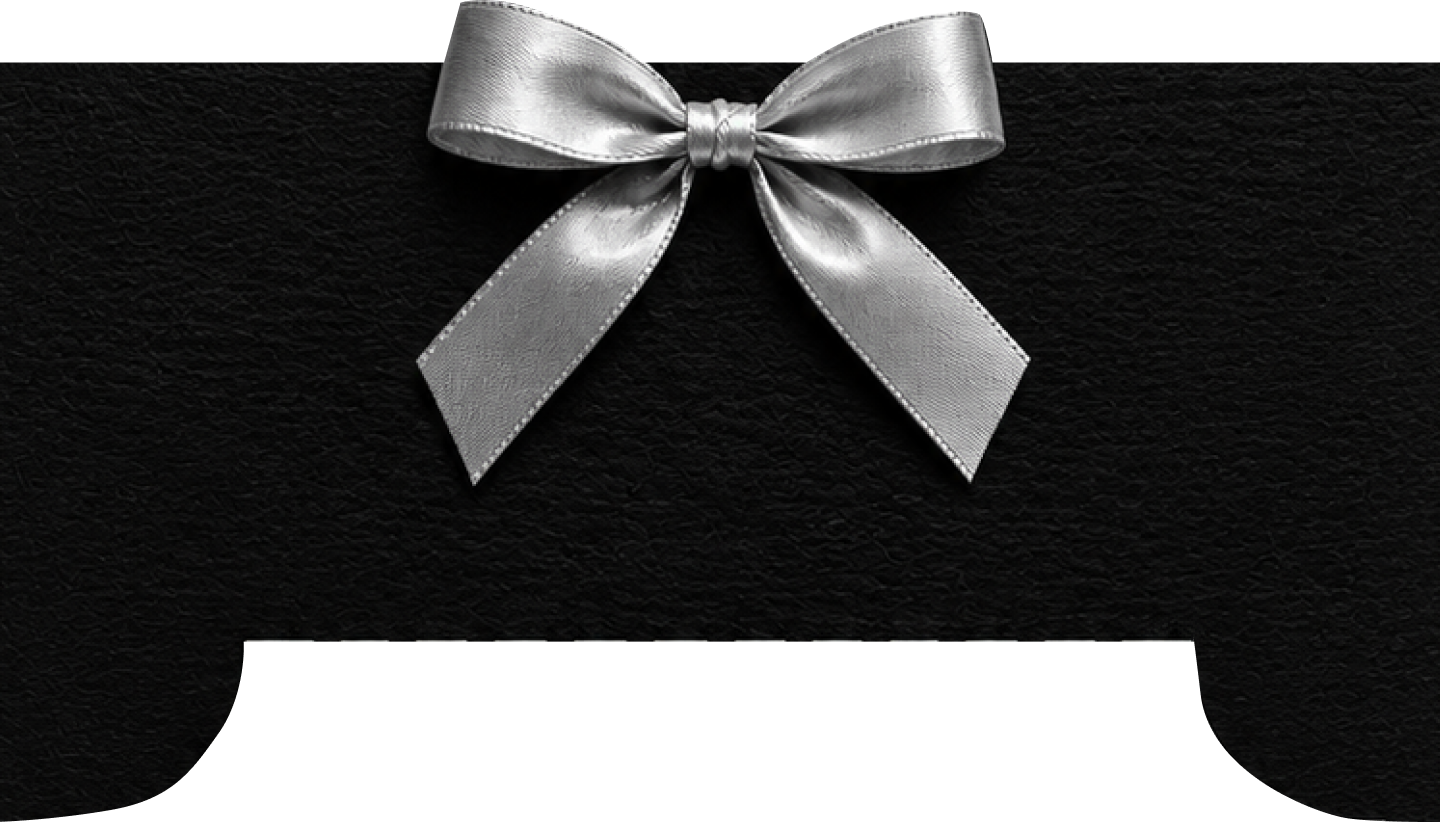 Silver bow wrapping a black May Photobooth keepsake card
